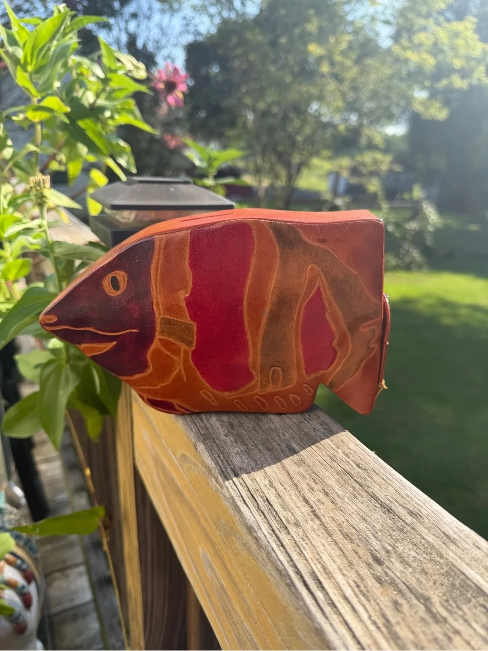 Vintage Genuine Hand Crafted Soft Leather Fish Coin Bank with Snap Made in India